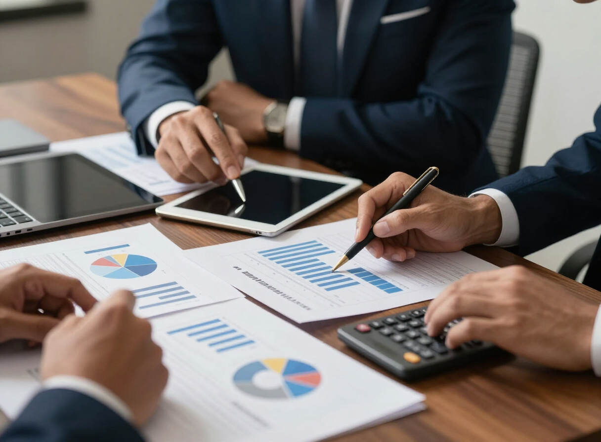 Finance advisor reviewing financial statements at a desk